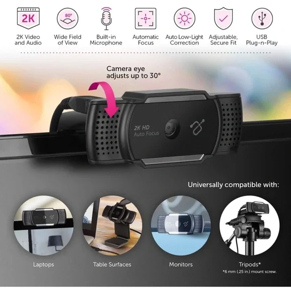 Aluratek 2K HD Webcam with Dual Stereo Noise Cancelling Mics, new in box - Picture 4 of 7